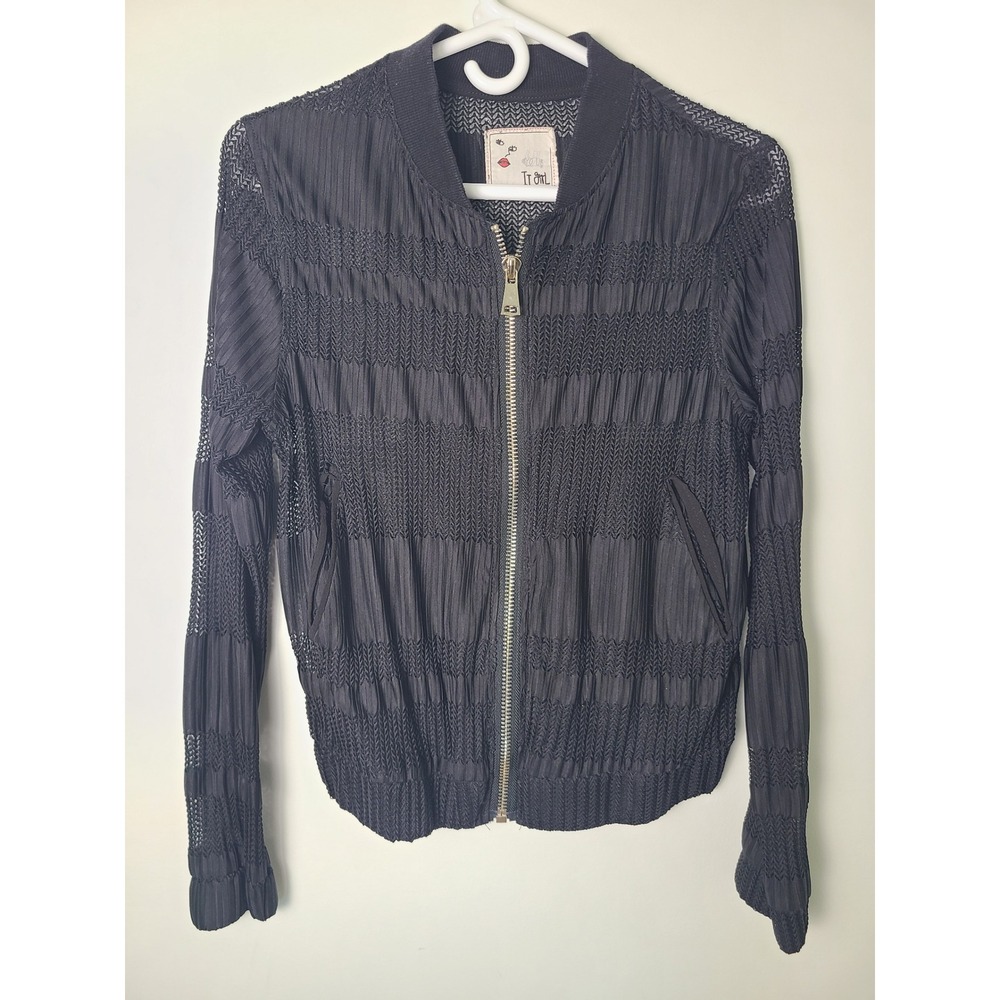 It Girl Wm SM Black Sheer Textured Knit Bomber Jacket Grunge Y2K Punk Emo Goth